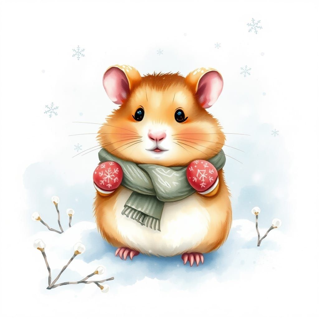Whimsical Watercolour Hamster in Winter Wonderland