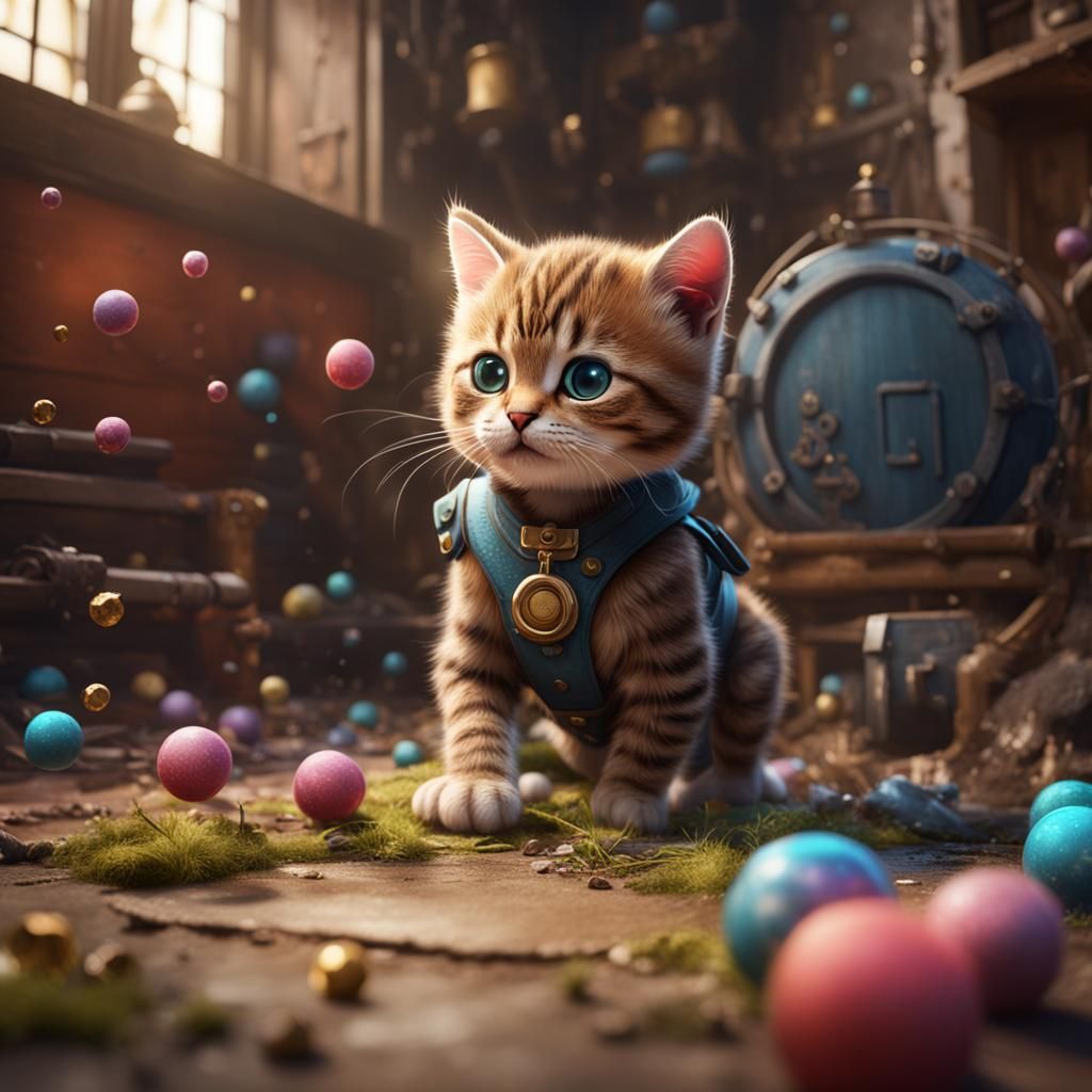Adorable Kitten's Playful Fantasy: Digital Art