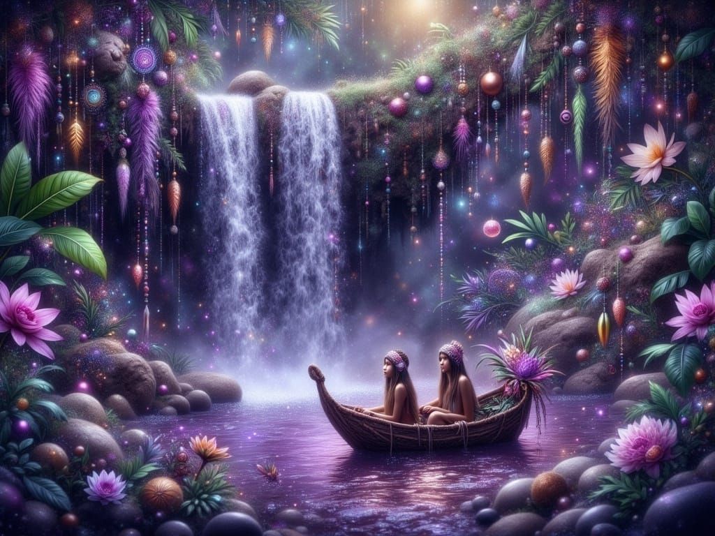 Whimsical Waterfall with Elves in an Otherworldly Jungle
