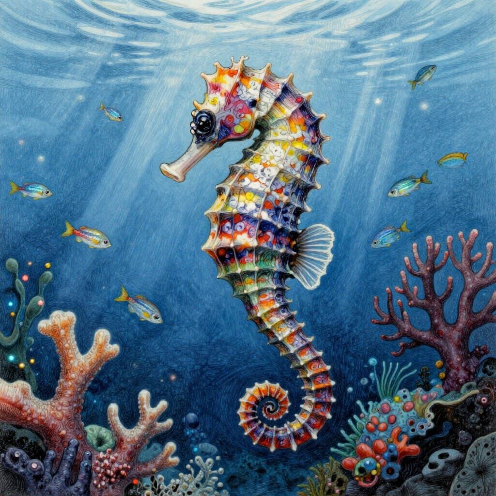 Intricate Pencil Drawing of a Colorful Seahorse
