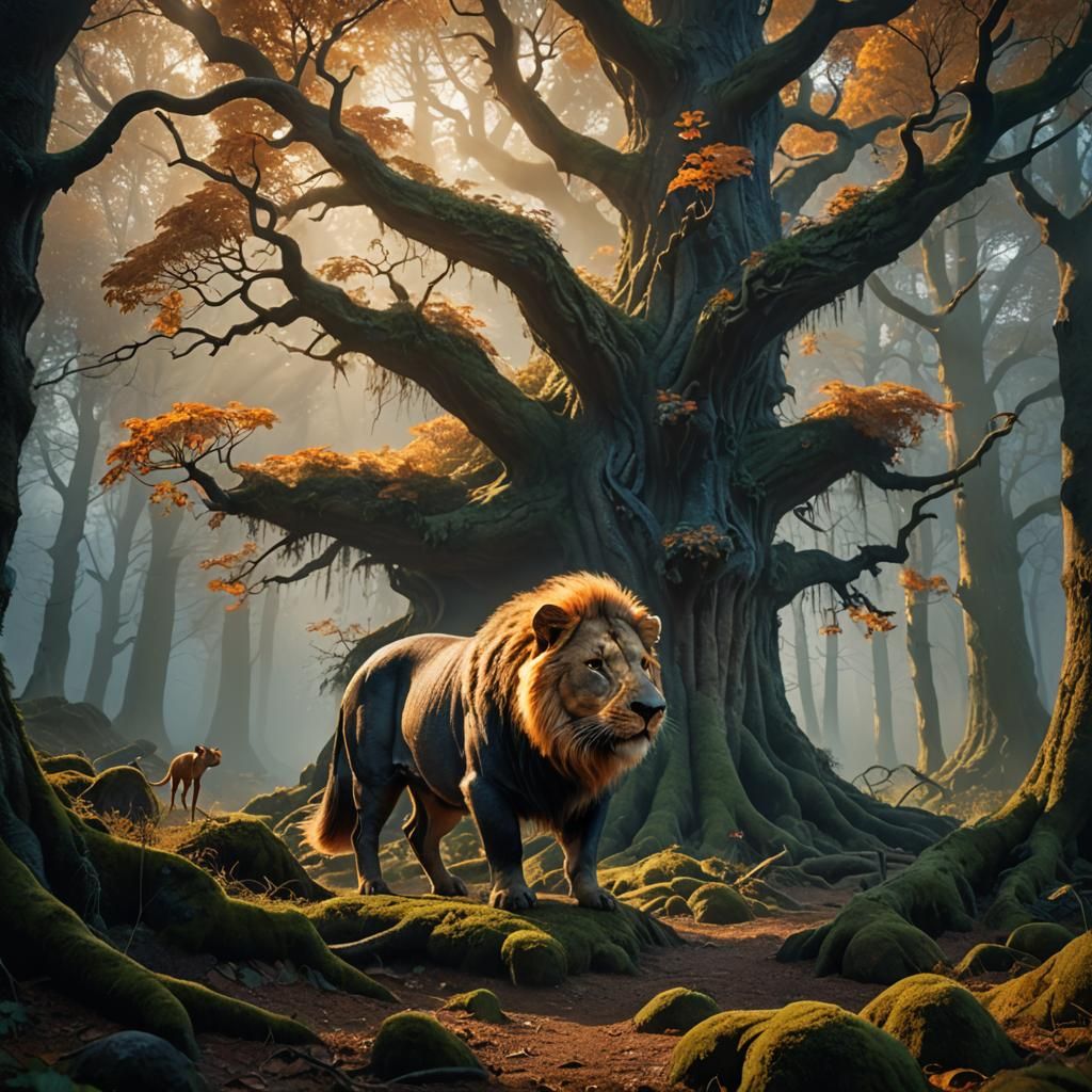 Pig-Lion Creature in Misty Forest: Fantasy Concept Art