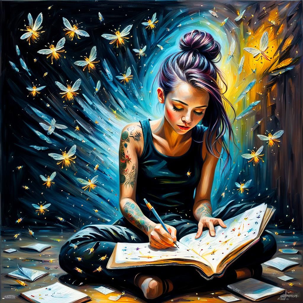 Girl with Diary and Fireflies: Impasto Oil Painting