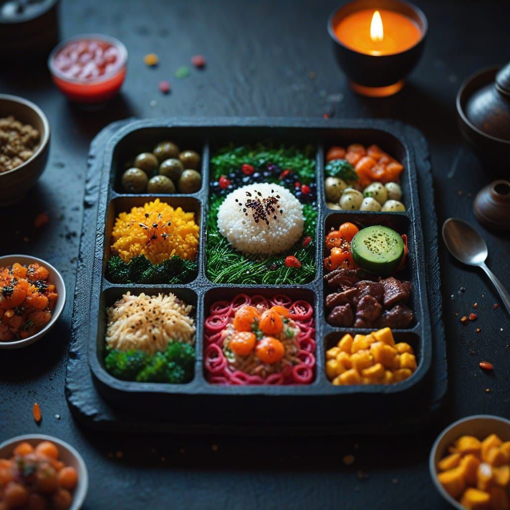 Artistic Bento Box Spread in Cinematic Style