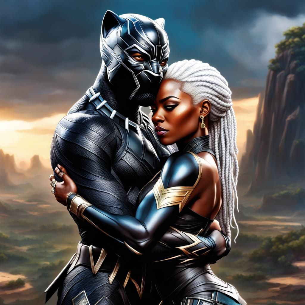 Black Super Hero (ororo monroe)Storm in the Kingdom of Wakanda, with husband the Black Panther, both hugging in a romant...