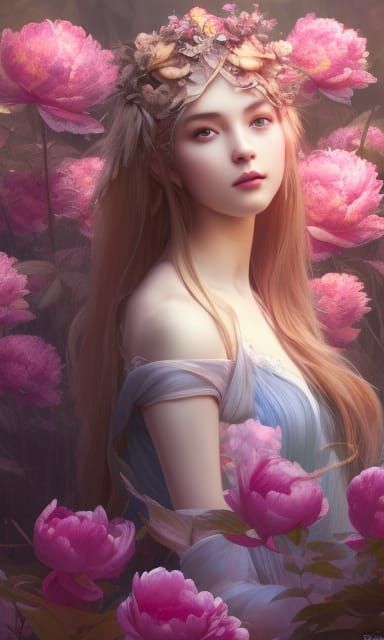 Fantasy Girl Portrait in Peony Forest, Digital Art