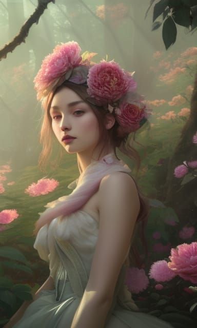 Fantasy Girl in Peony Forest: Hyperdetailed Concept Art
