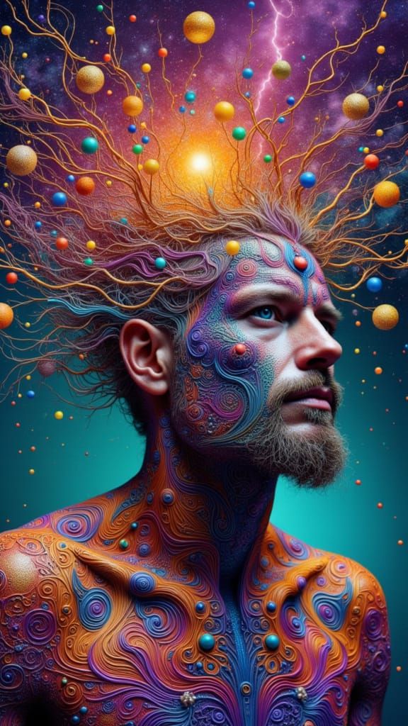 Fractal Faced Man with Rainbow Moss: Dreamscape Portrait
