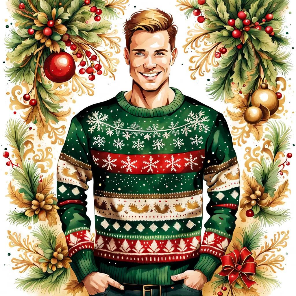 Smiling Man in Knitted Christmas Sweater, Watercolor Art