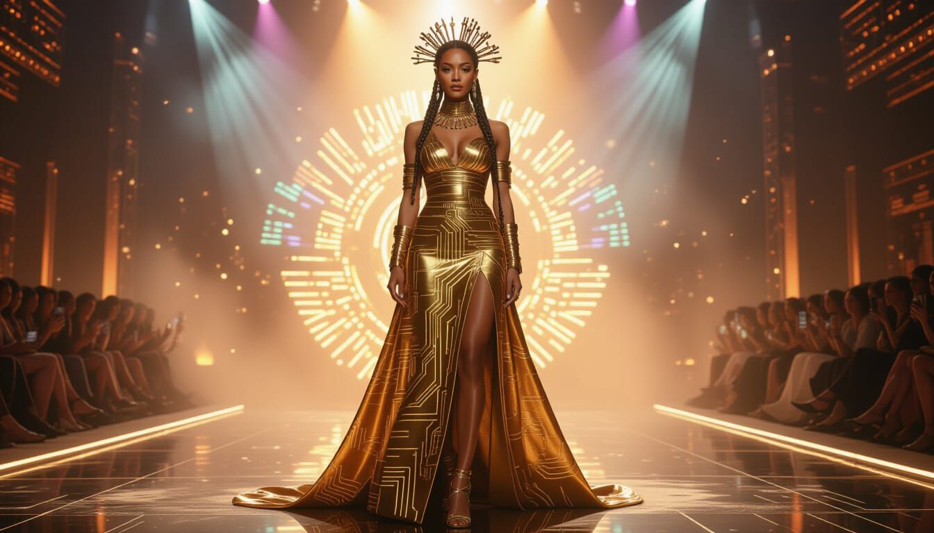 Regal Woman in Glowing Gold Circuitry Gown