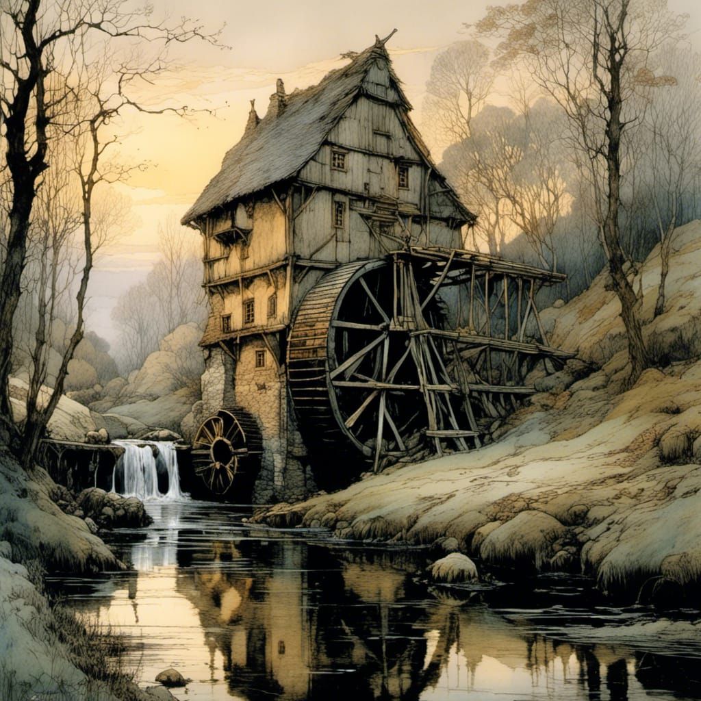 Historic Watermill in Evening Light, Romanticism Style