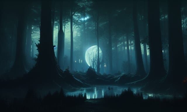 Night Forest Landscape with Bards in Dark Fantasy Style