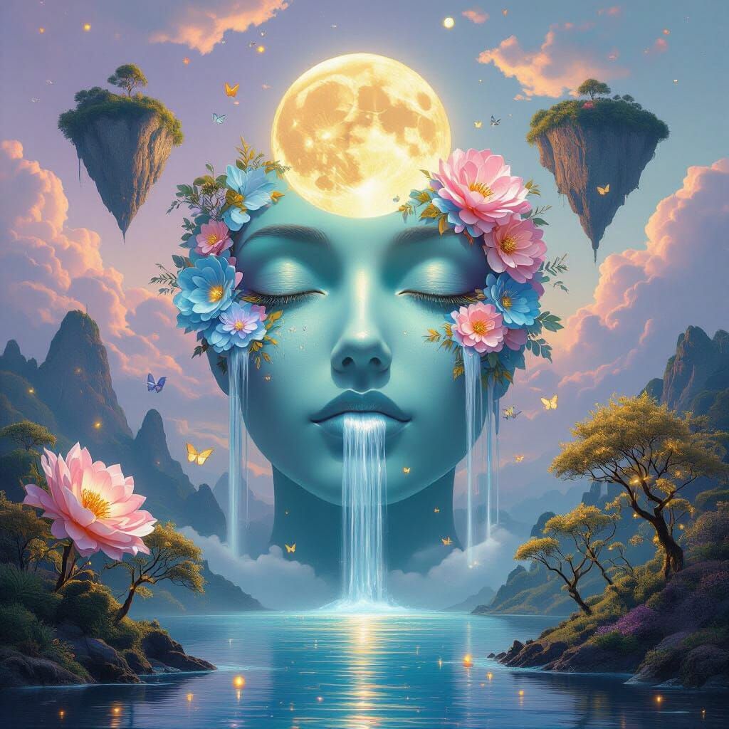 Surreal Dreamscape With Floating Islands and Glowing Flowers
