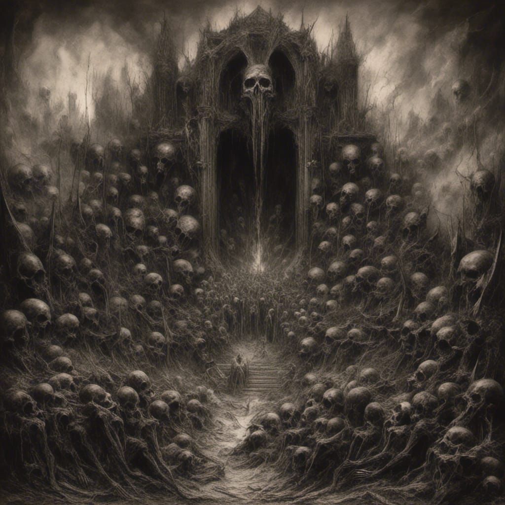Infernal Gates of Skulls: A Macabre Charcoal Drawing