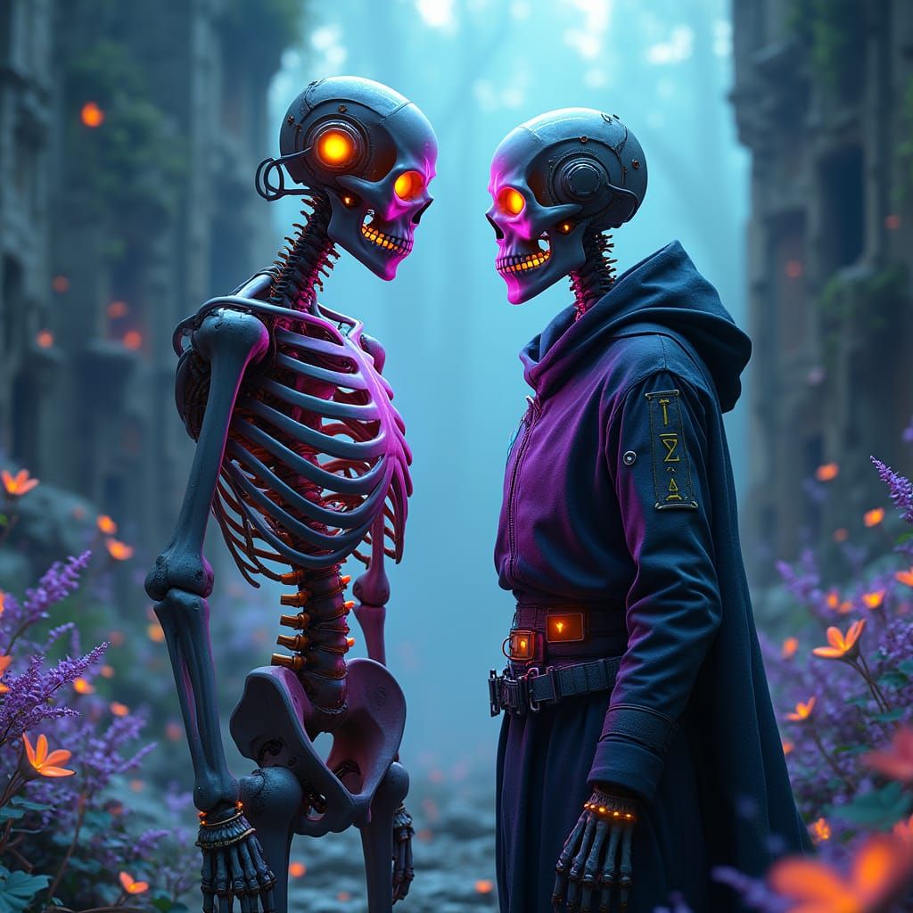 Cybernetic Skeletons in Bioluminescent Ruins: 3D Digital Art