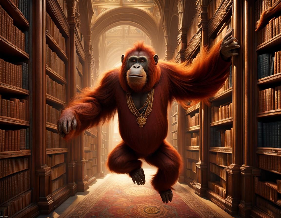 Orangutan Librarian Leaps Through Endless Bookshelves, Digit...