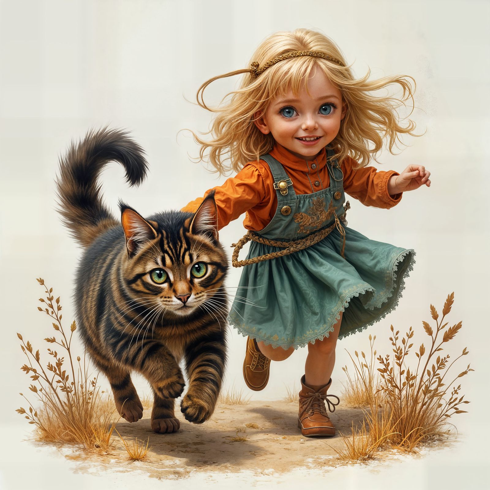 Blond Child and Maine Coon Cat in Airbrush Style