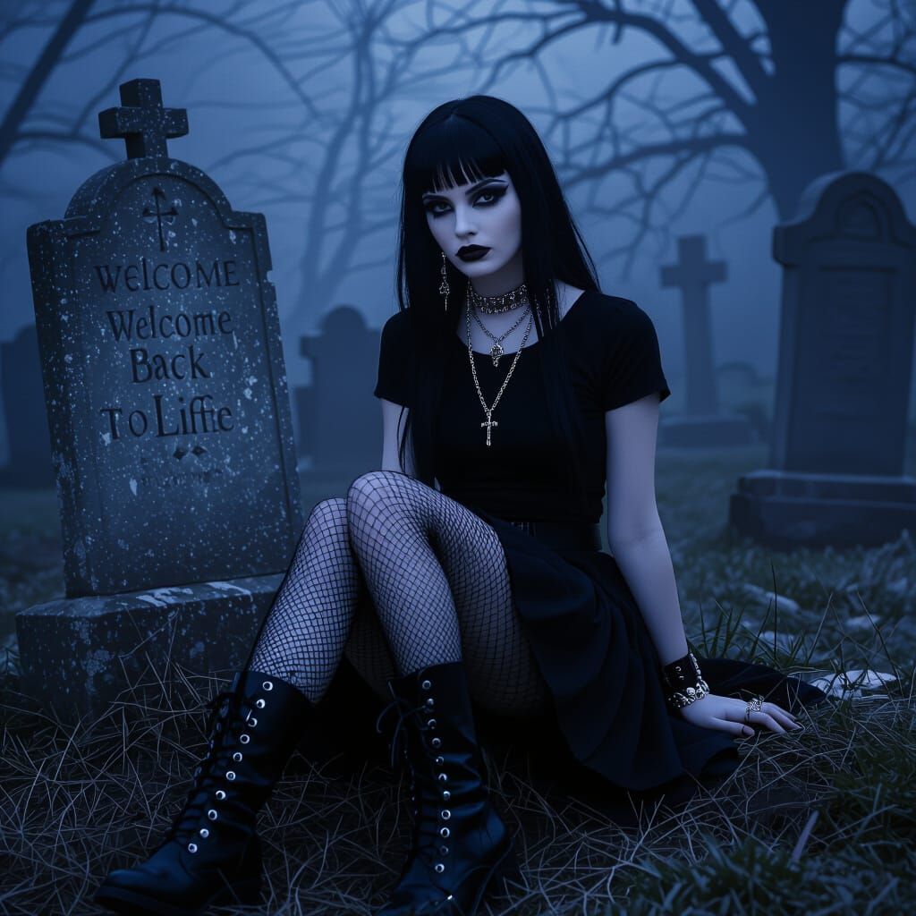 Gothic Woman in Cemetery, Photorealistic Style