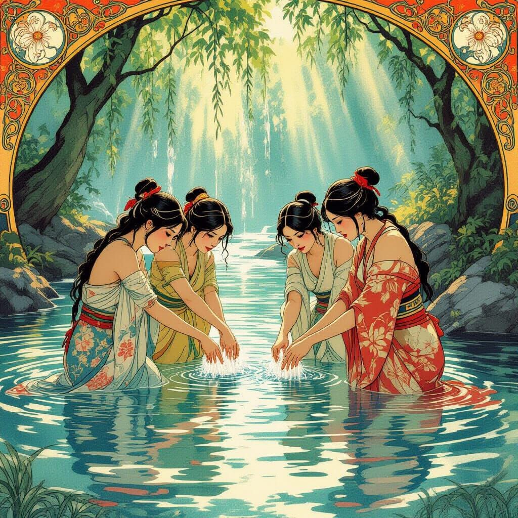 Female Warriors Washing in River, Art Nouveau Style
