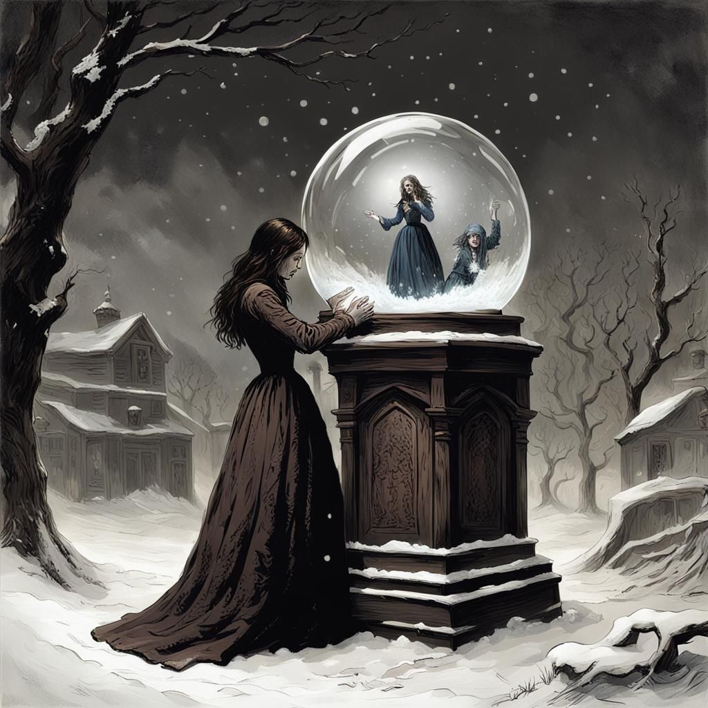 Snow Globe Imprisonment in Gothic Horror Style
