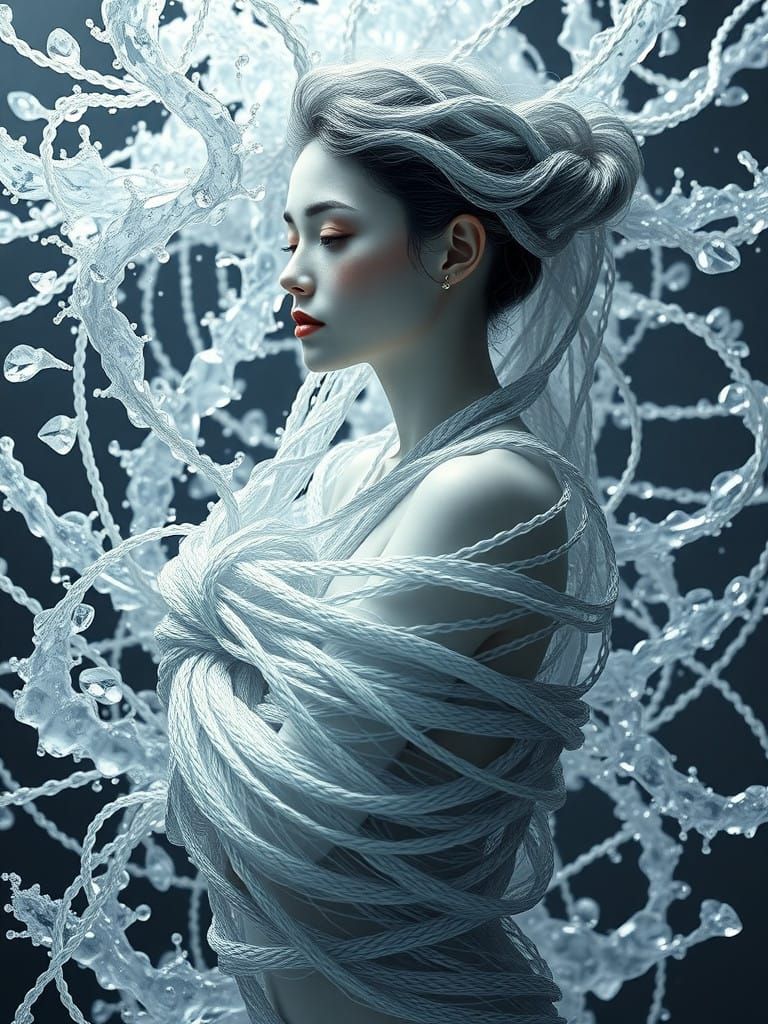 A delicate, translucent porcelain-skinned woman, wrapped tig...