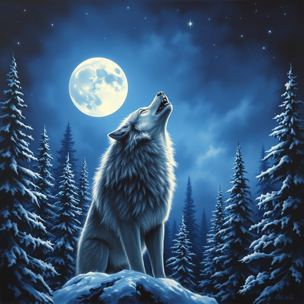 Majestic Wolf Howling at Luminous Moon in Frosty Forest