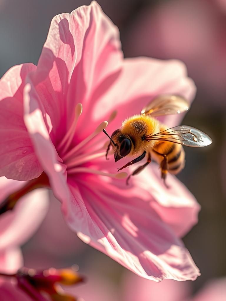 Cherry Blossom and Bee in Hyperrealistic Style