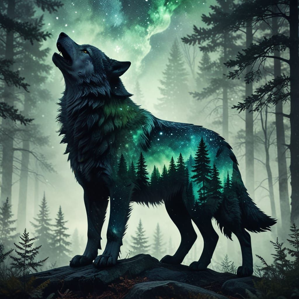 Cosmic Wolf Silhouette in a Starry Forest