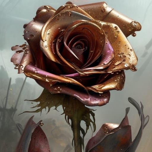 Iridescent Metal Roses Rusting in Dark Fantasy Style