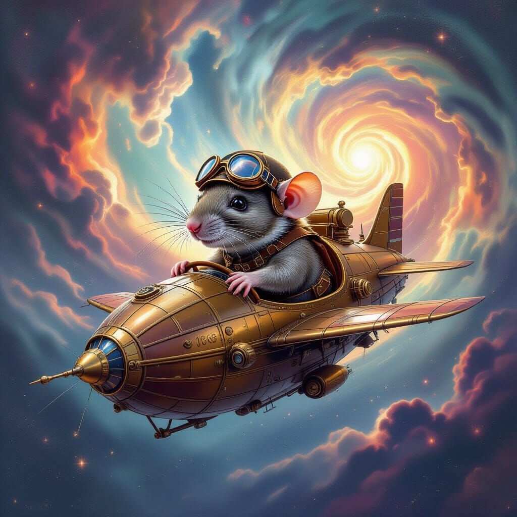 Steampunk Rat Pilots Airship Through Cosmic Vortex