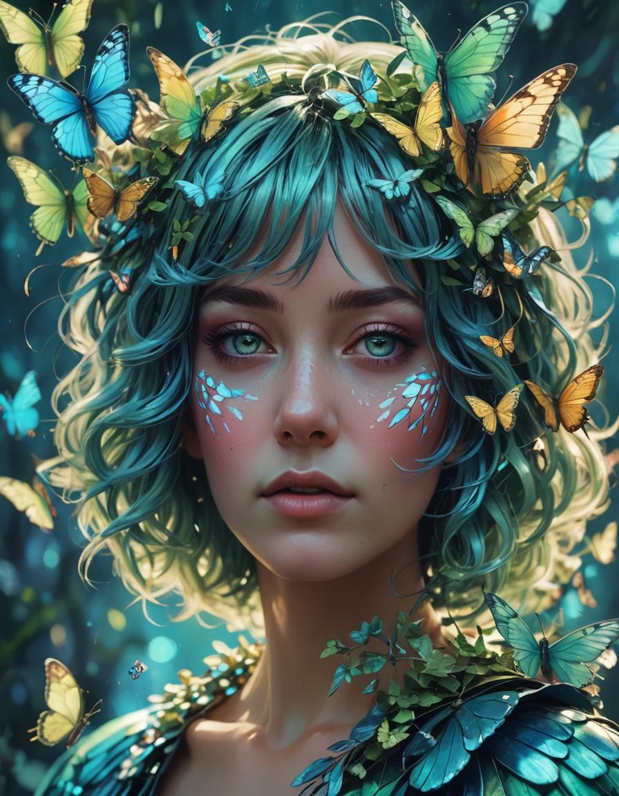 Woman with Butterfly Wig: Digital Art Portrait