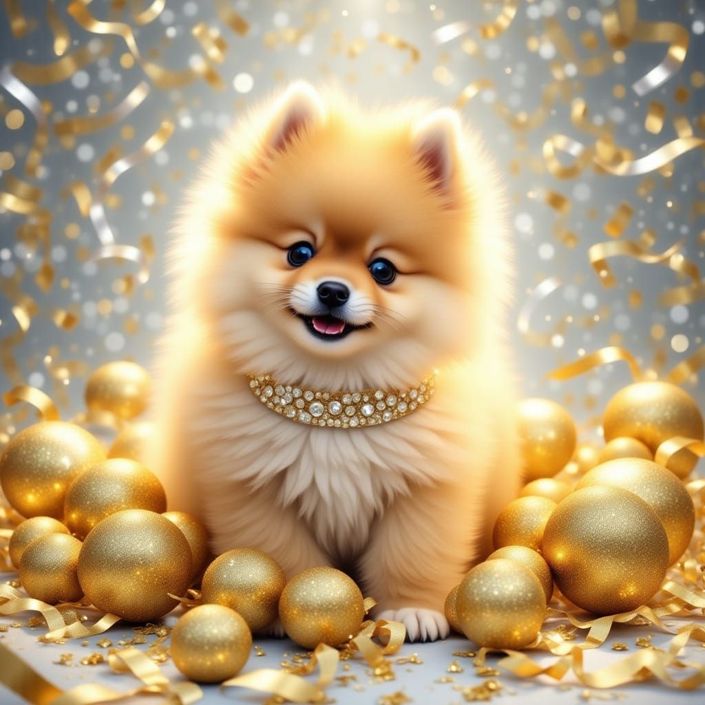 Cute Pomeranian Puppy Playing in Gold Pom-Poms