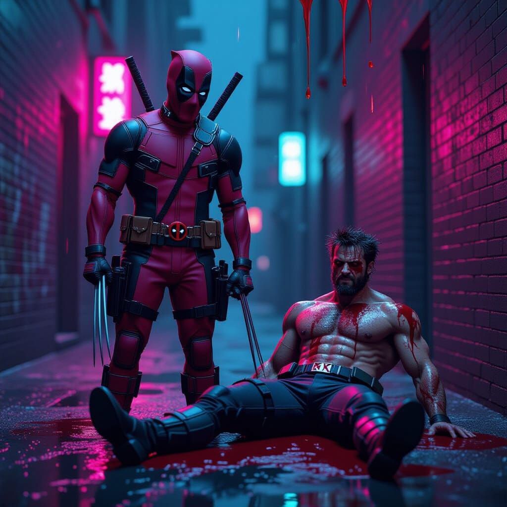 Deadpool Victorious with Wolverine in Cyberpunk Style