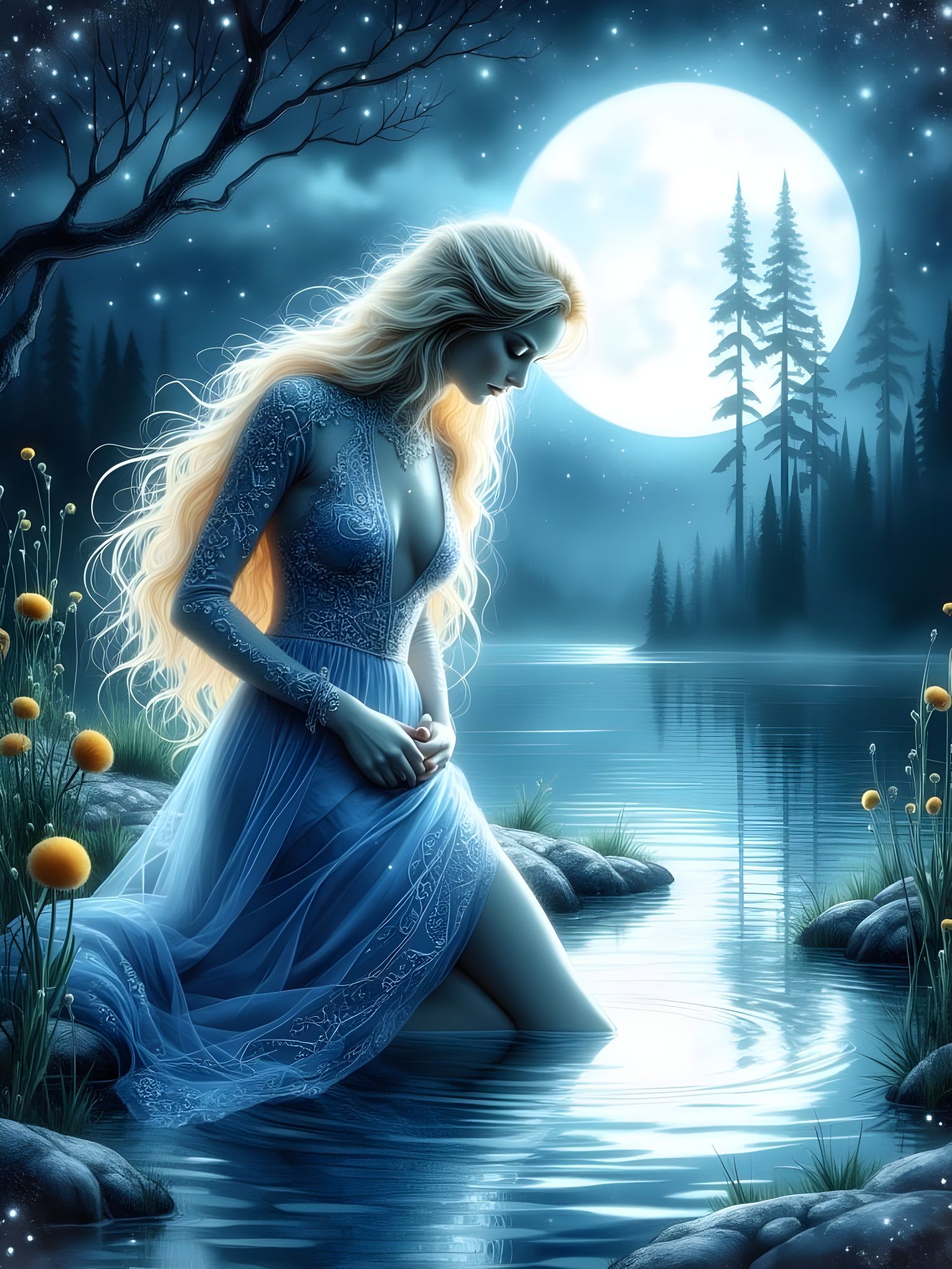 Norse Goddess Contemplates in Still Waters