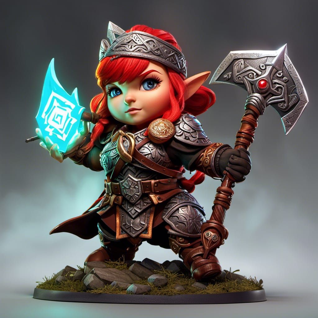 Red-Haired Dwarf Warrior in Holographic Cityscape