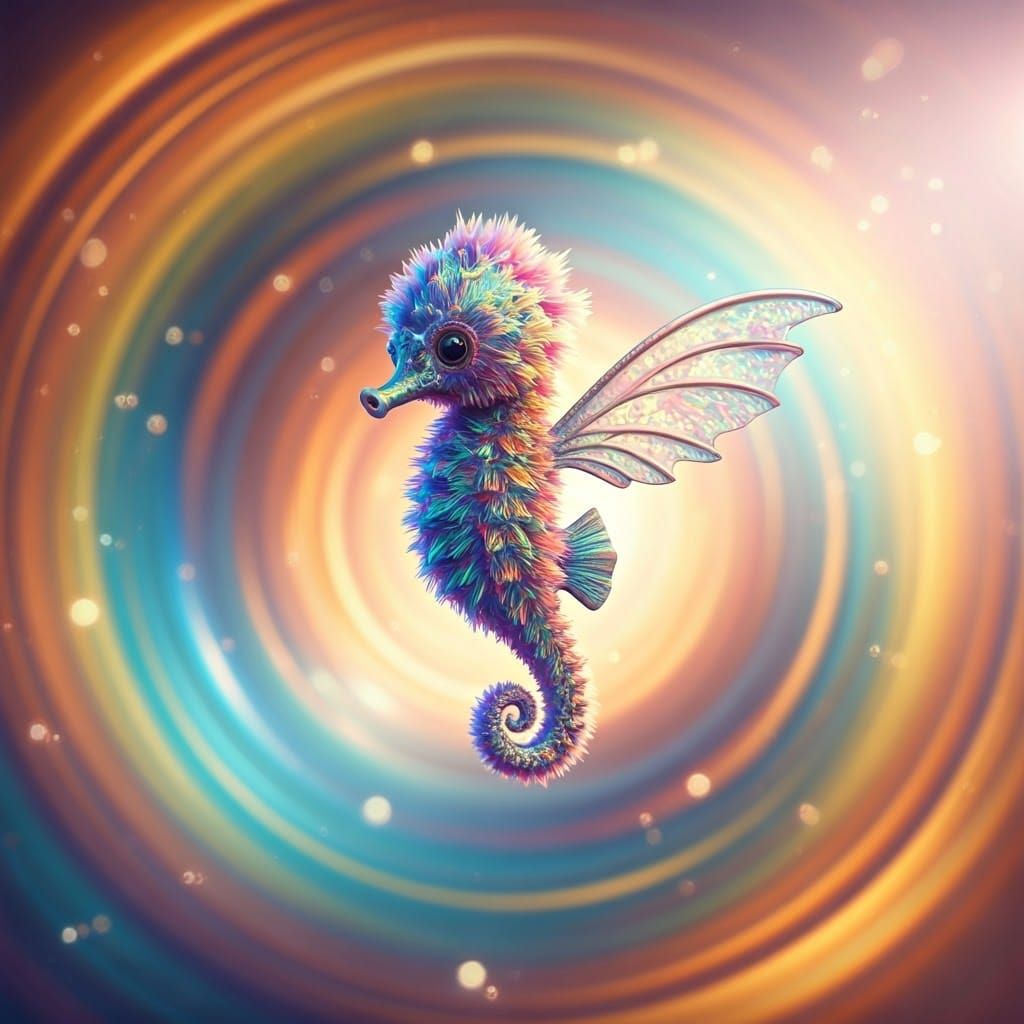 Rainbow Seahorse Flight in Dreamlike 3D Render