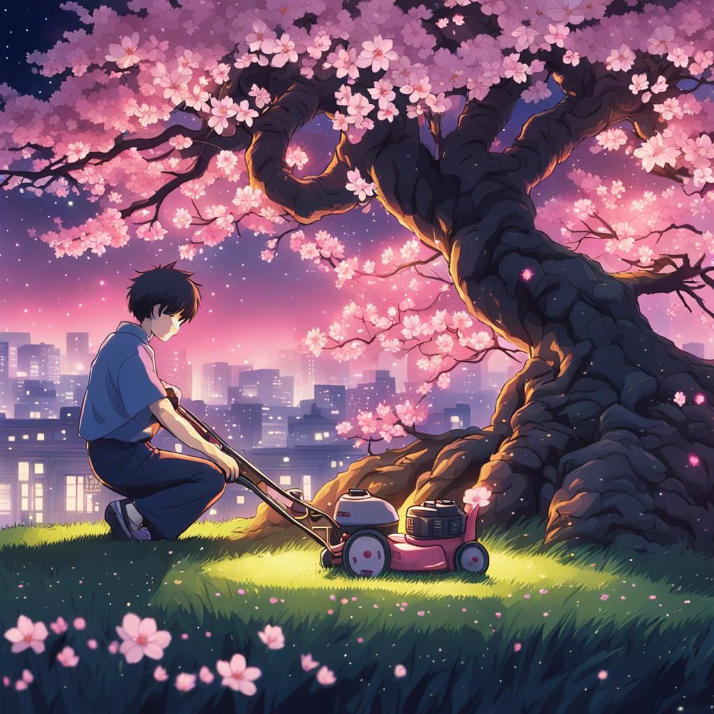 Cherry Blossom Night Garden Scene in Anime Style