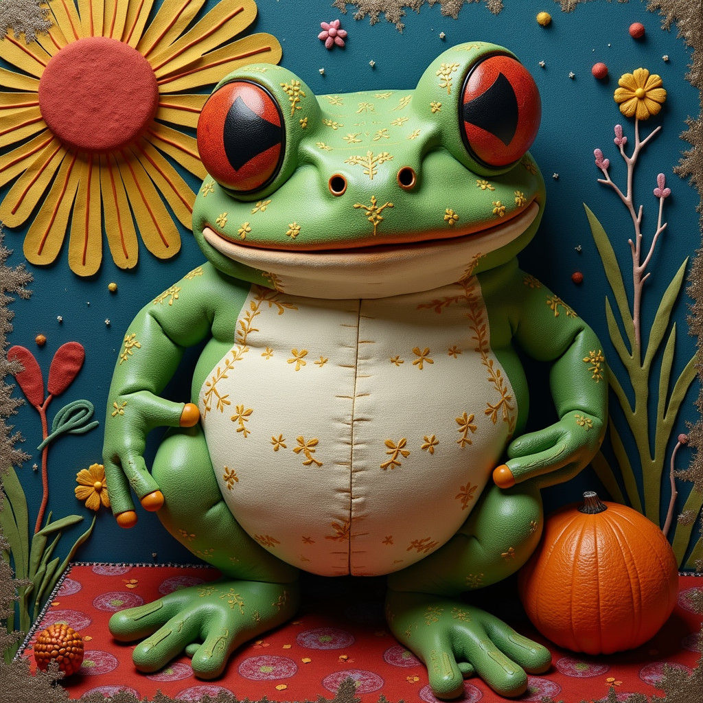 Hand-Embroidered Frogcat in 8K Hyperrealism