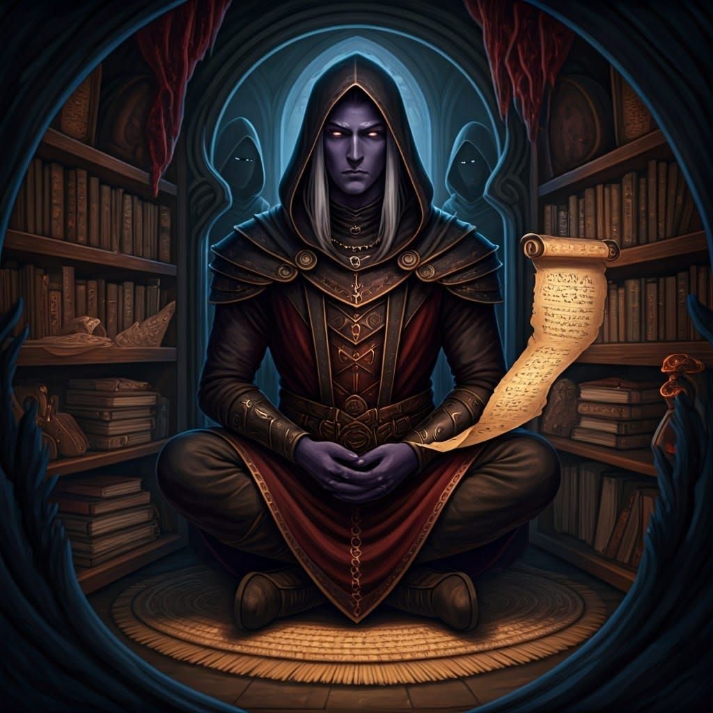Drow Scroll Merchant in Dark Fantasy Portrait