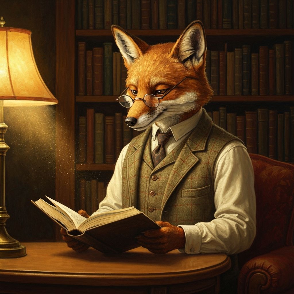 Fox in Waistcoat Reads Book in Cozy Library Oil Painting