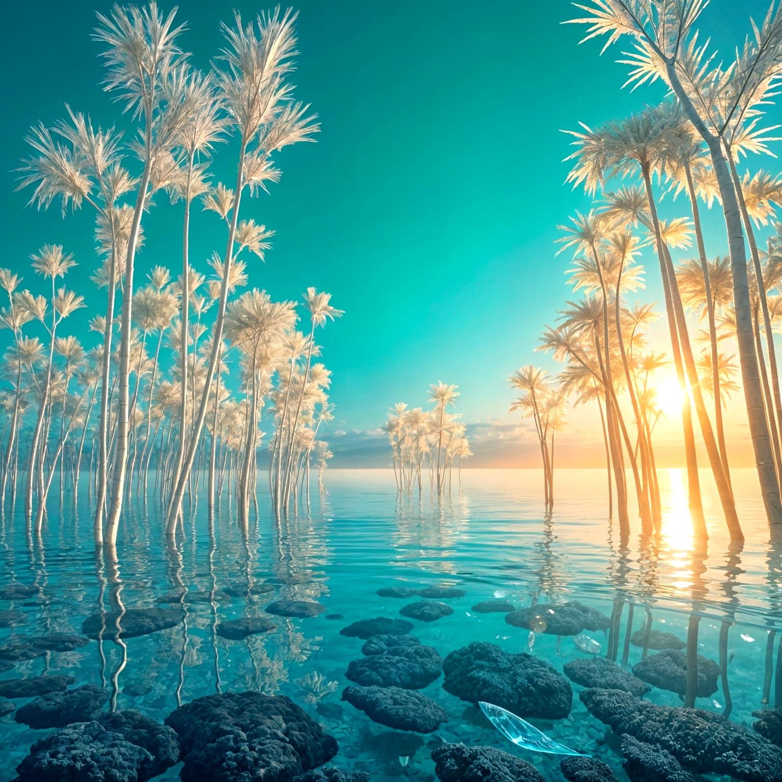 Ethereal Alien Forest Under Emerald Sky: Hyperrealistic Phot...