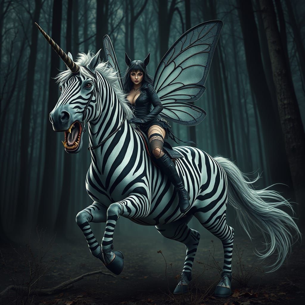 Gothic Fairy Rides Zebra Unicorn Through Haunted Forest