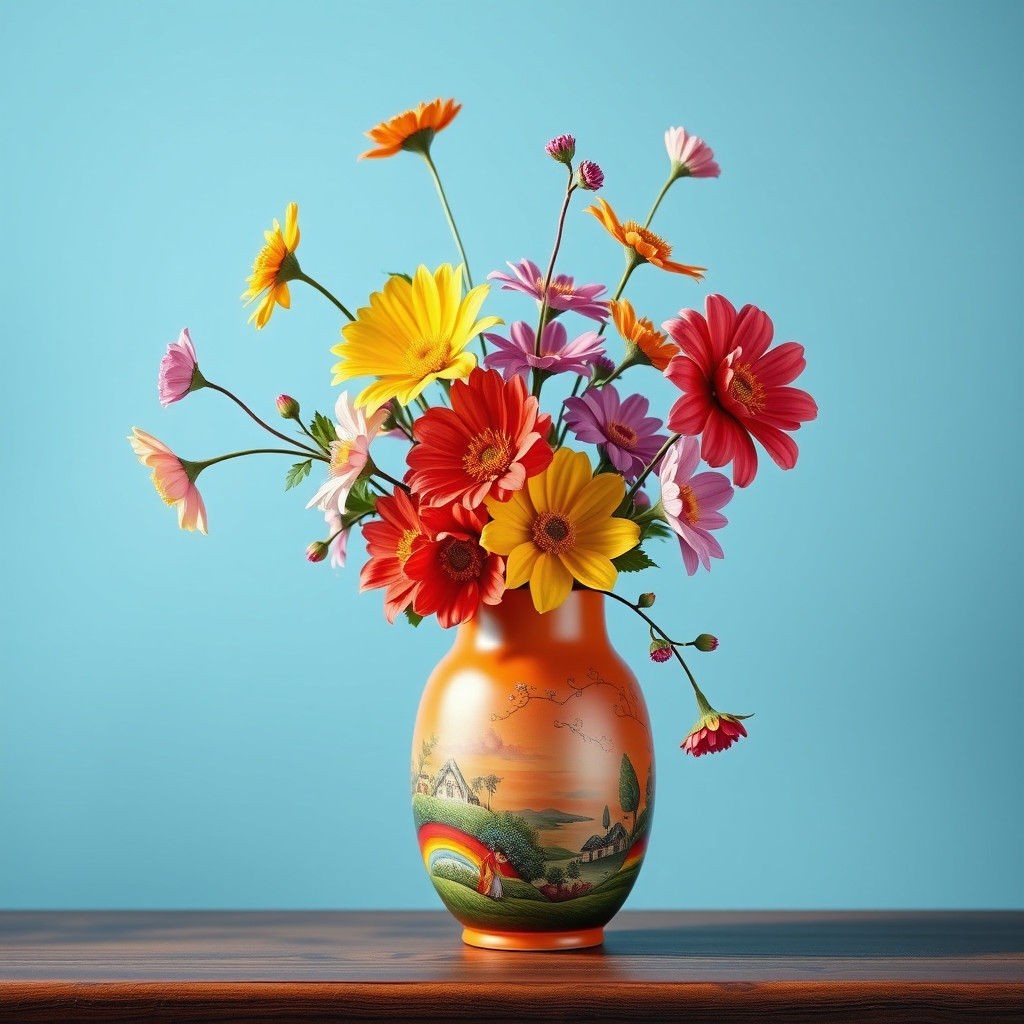 Rainbow Flowers in Porcelain Vase: Fantasy Concept Art