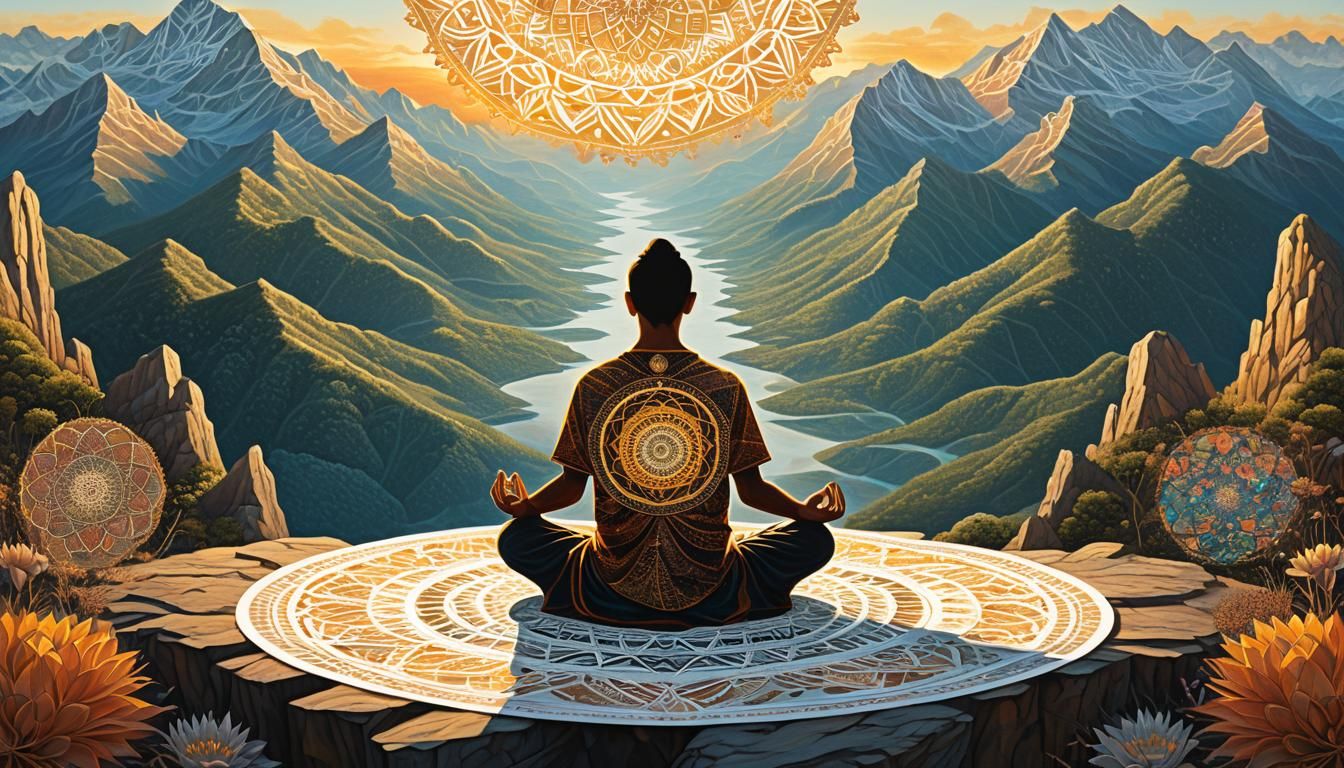 Fractal Landscape Painting with Meditating Figure