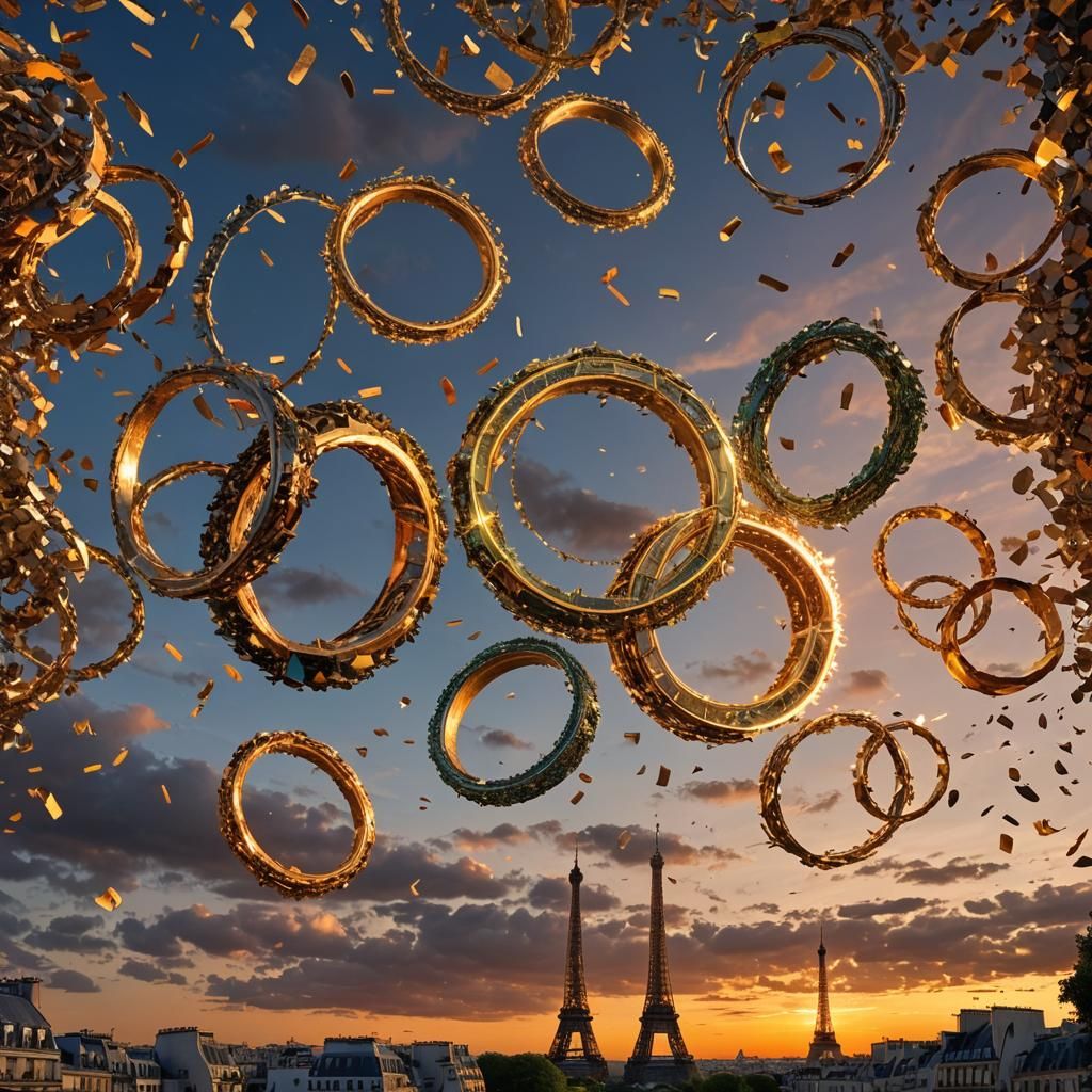 Olympic Rings Shattering Above Paris Sunset