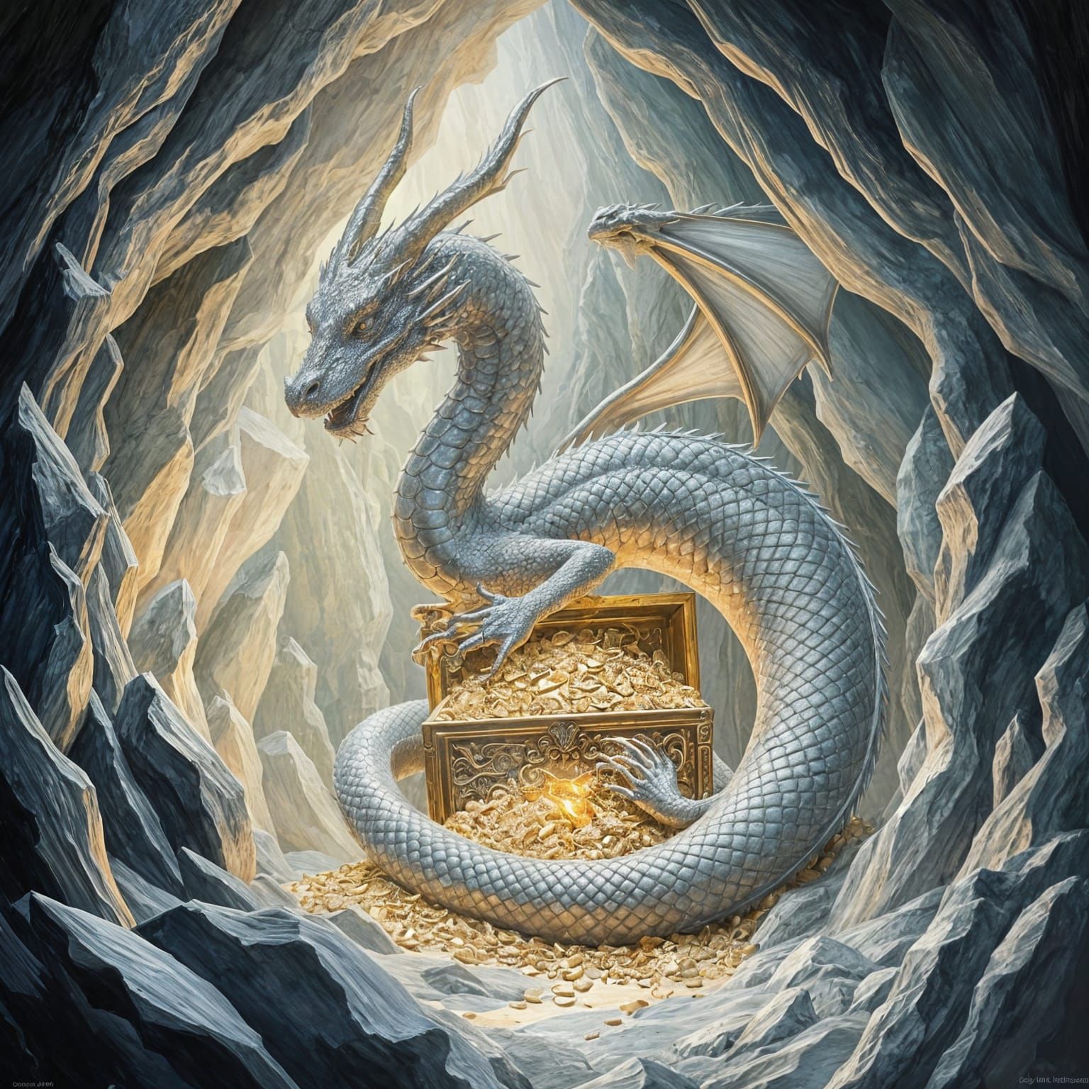 Ethereal Silver Dragon in Surreal Cave