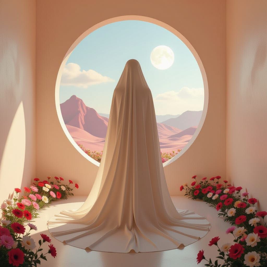 Surreal Silhouette Enveloped in Fabric Amidst Floral Floor