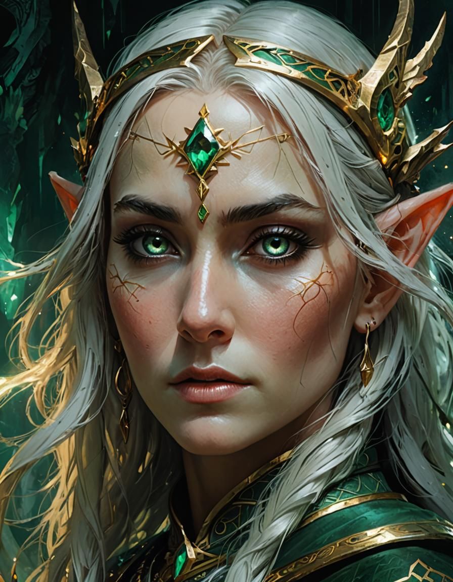 Fantasy Elf Queen Portrait with Emerald Fire Labyrinth
