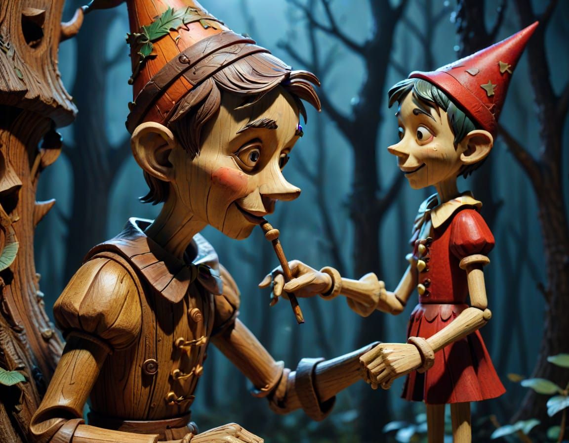 Pinocchio Carving Statue in Dreamlike Forest, Whimsical Styl...