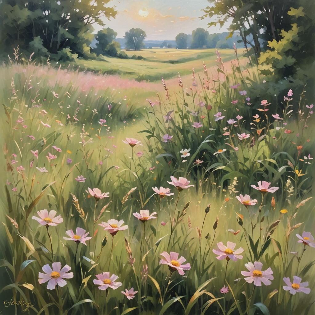 Idyllic Impressionist Meadow Landscape with Wildflowers