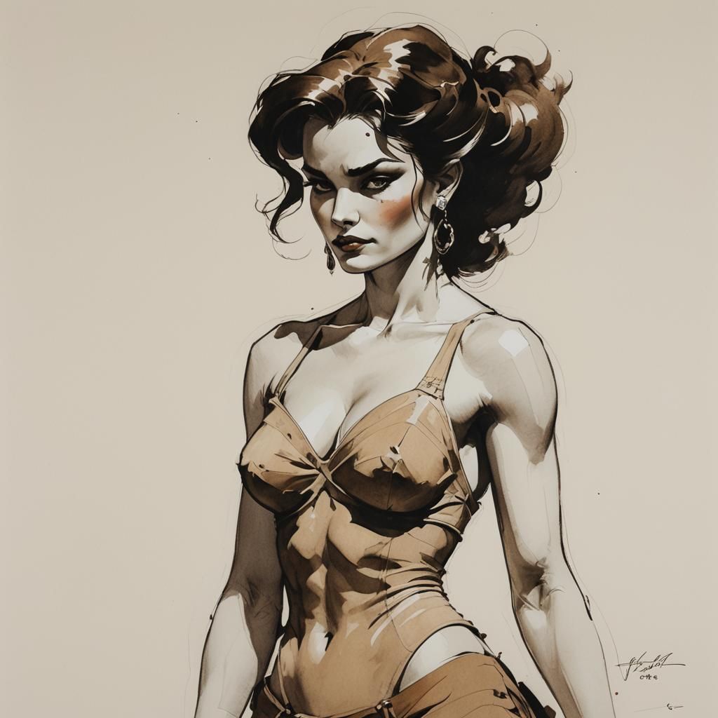 Attractive Woman Portrait in Ink Drawing Style